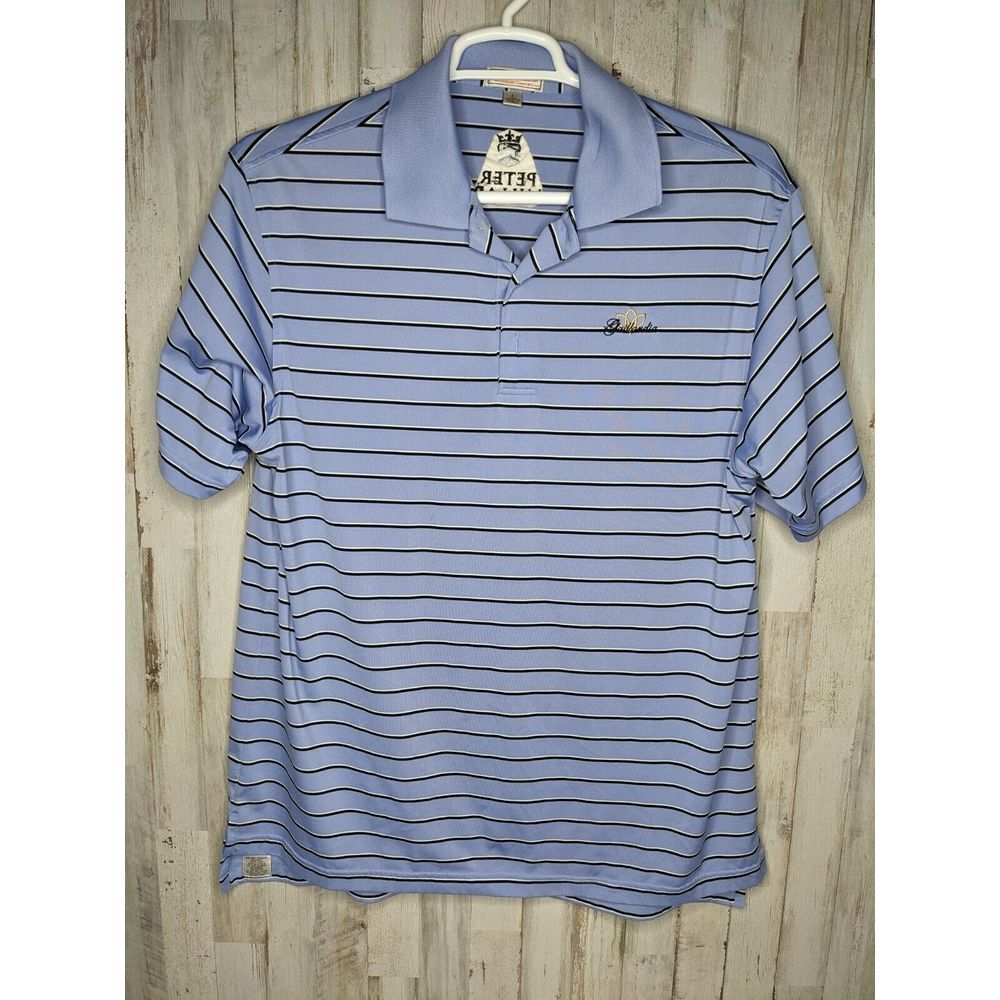 PETER MILLAR Mens Size Large SUMMER COMFORT Polo‎ Shirt Blue Stripe Spell Out
